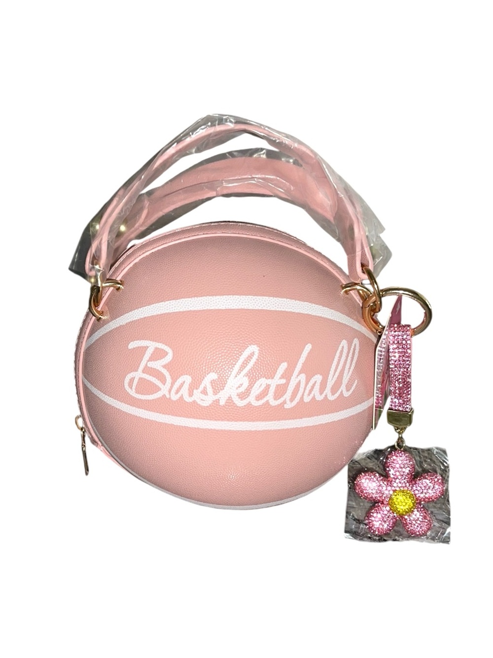 PINK BASKETBALL NOVELTY CROSSBODY HANDBAG & SPARKLE BAG CHARM SET